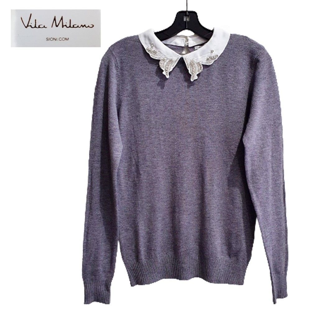 VILA MILANO by SIONI NEW Romantic Scalloped Crystals Collar Sweater M
